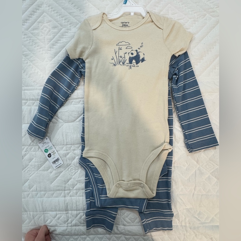 Carter's Cream Bodysuit with Blue Striped Layered-Style Sleeves